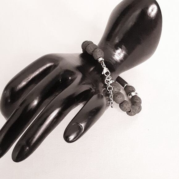 Bohemian Bracelet Silver Tone Chain Lava Stone Black Beads Lobster Claw Clasp - Picture 2 of 8